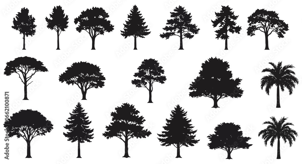 Fototapeta premium tree silhouettes diverse tree silhouettes in black isolated on white for landscape design elements illustrating nature and graphics ideal for design.