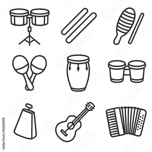 Latin Music Icons. Outline style icon of Latin Music Instruments: timbales, claves sticks, guiro scraper, maracas pair, conga