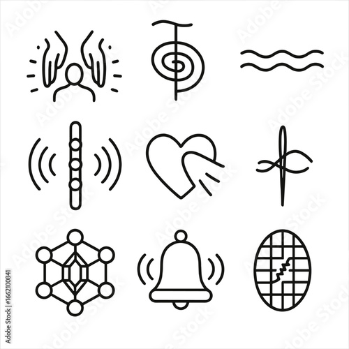Healing Energy Icons. Outline style icon of Healing Energy Channels: laying-on-hands glow, reiki symbol, soothing wave, chakra