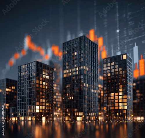 City skyline at night, financial data overlay
