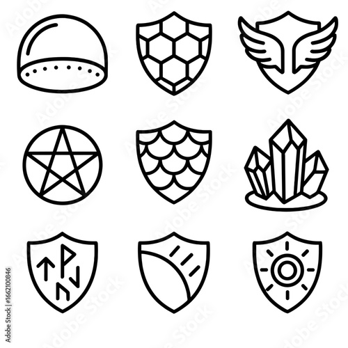 Guardian Shield Icons. Outline style icon of Guardian Shield Energies: light dome shield, hex grid barrier, ward circle, angel
