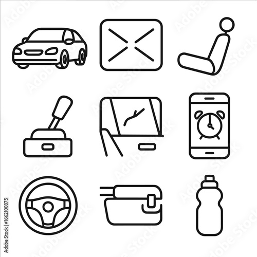 Quick Car Nap Essentials. Outline style icon of Quick Car Nap Safety: parked car icon, sunshade panel, seat recline lever, parking
