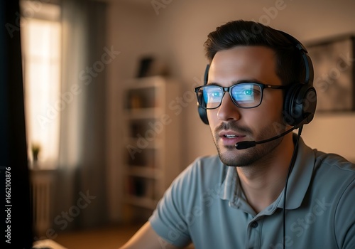 Wallpaper Mural Man wearing glasses and a headset, looking at a computer screen, possibly working from home. Torontodigital.ca