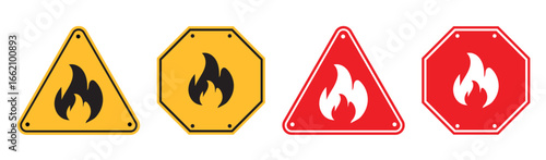 Fire warnings. Fire flame in triangle Sign. hazard warning sign set, indicating flammable gases, aerosols, liquids or solids symbol.