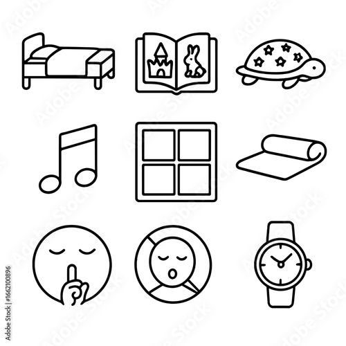 Kindergarten Nap Time. Outline style icon of Child Kindergarten Nap: tiny cot, name tag blanket, storybook, night-light turtle,