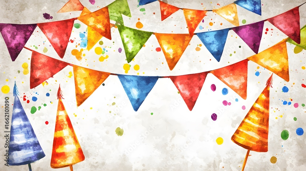 Obraz premium Vibrant Watercolor Party Bunting and Cones Festive Background