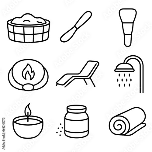 Mud Spa Icons Layout. Outline style icon of Mud Therapy Spa: warm mud tub, application spatula, face mask brush, heated wrap,