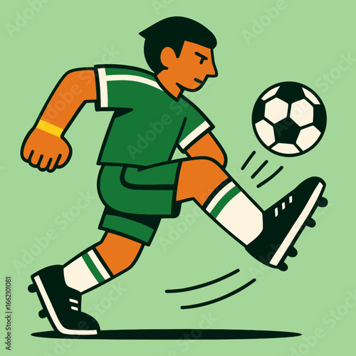 Illustration Of A Determined Soccer Player Kicking A Soccer Ball With Stylized Retro Flat Design