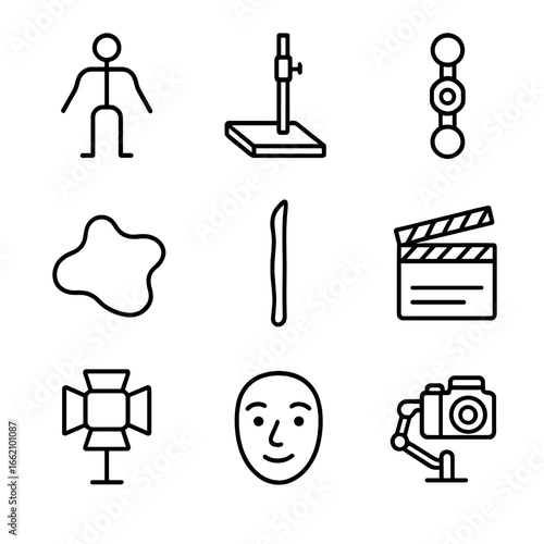 Clay Animation Tools. Outline style icon of Clay Animation Props: armature wire, stop-motion stand, ball-and-socket joint, sculpt