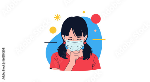 Girl wearing face mask coughing illustration and related health concepts
