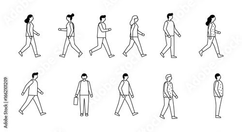 walking people diversity of individuals walking casually in line on white background suitable for illustrating urban life and community or graphic design