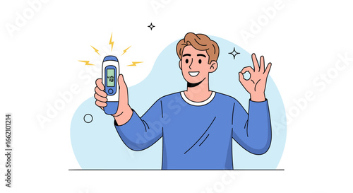 Man holding digital thermometer showing healthy temperature and making ok gesture