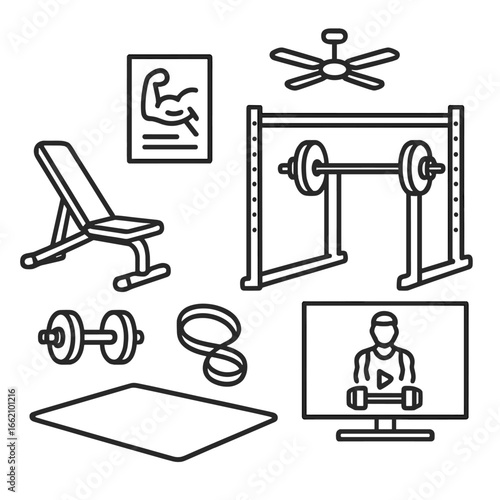 Home Gym Essentials. Outline style icon of Home Gym Motivation: adjustable bench, power rack, dumbbell set, resistance band loop,