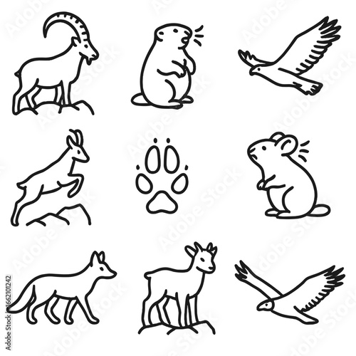 Mountain Wildlife Icons. Outline style icon of Mountain Wildlife Encounters: alpine ibex, marmot whistle, golden eagle soar,