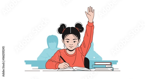 Young asian girl raising hand in classroom answering question learning education knowledge growth participation study