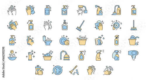 cleaning icons depicting household chores and hygiene practices in a modern vector design suitable for illustrating cleanliness and sanitation guidelines