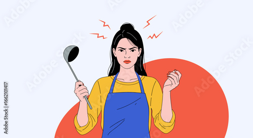 Frustrated chef holding ladle ready for action in kitchen anger management techniques for culinary professionals