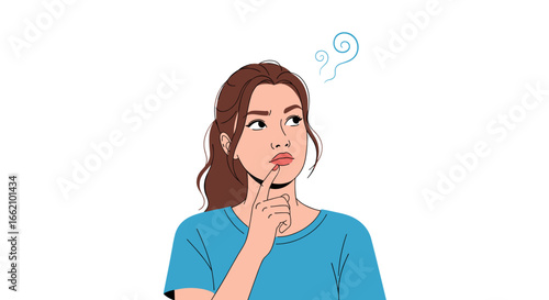 A thoughtful woman with her finger on her chin considering a question mark above her head representing contemplation and deep thought about a problem