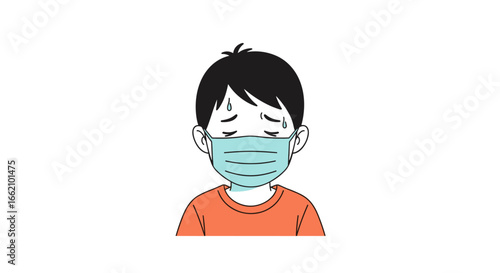Child feeling unwell wearing a protective face covering illustration
