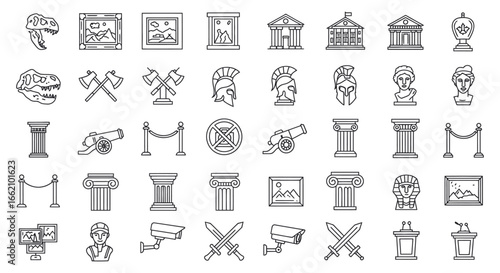 Museum exhibit icons showcasing historical artifacts including sculptures dinosaur fossils and artwork ideal for cultural heritage and educational purposes.