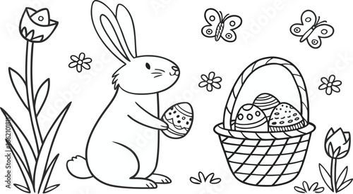 A beautifully crafted set of Easter-themed vector icons, drawn in a simple, hand-drawn black line style,  hand-drawn vector icons with an Easter theme, created in a clean black line art on a white 