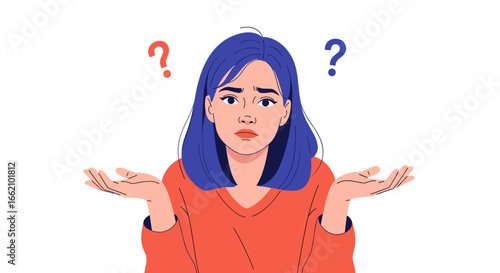 Confused woman with question marks above her head uncertainty doubt and indecision