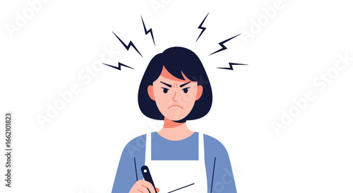 Frustrated person with sparks over head holding pen and paper