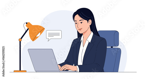 Professional businesswoman actively engaged working on laptop computer at desk with lamp nearby