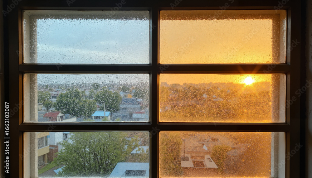 Fototapeta premium Window with condensation inside and dry dust outside at sunset with Half clear, half orange