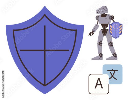 Shield with cross, robot holding shield, and language symbols. Ideal for cybersecurity, AI, translation, protection, innovation machine learning digital safety. Simple flat metaphor