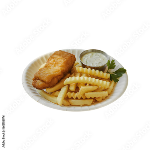 Crispy Battered Fish Fillet with Crinkle Cut Fries Tartar Sauce and Parsley on a Paper Plate fish and chips