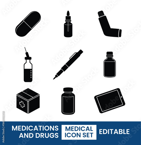 Medications and Drugs, Medical Icon Set