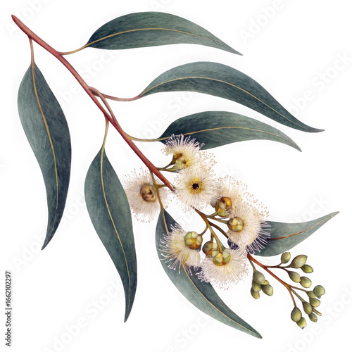 Delicate eucalyptus branch with creamy white flowers and green leaves isolated on transparent background