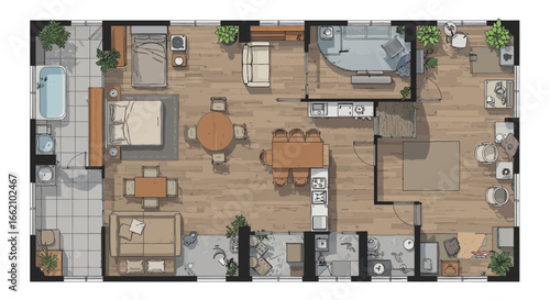 apartment floor plan showing open concept living space with natural light and balcony ideal for architectural design projects and real estate marketing