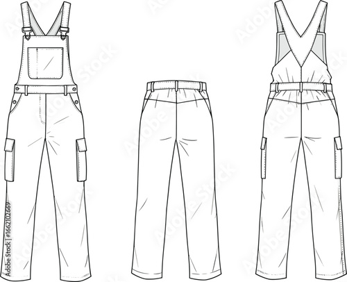 Flat cad fashion drawing of overalls pants with pockets, technical vector illustration, clothing design template, apparel sketch, workwear dungaree style