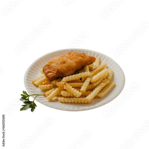 Crispy golden fish fillet with crinkle cut french fries and parsley on a white paper plate isolated on a black background