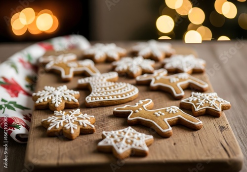 Christmas gingerbread cookies on wooden board with bokeh background
