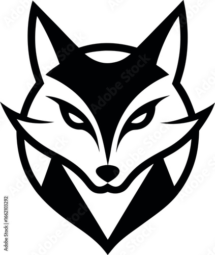 Stylized black and white fox head emblem, a powerful and fierce graphic design concept representing wild nature, cunning intelligence, and agile spirit, ideal for sports teams or branding identity.