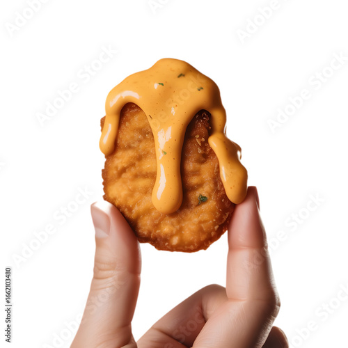 Hand holding a chicken nugget covered in dripping orange cheese sauce on a black background graphic design