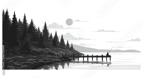 fisherman silhouette casting a line from a wooden pier at dawn reflecting peaceful solitude on the calm lake ideal for nature and escape