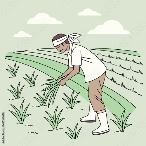 Farmer tending to crops in a lush green field under a cloudy sky
