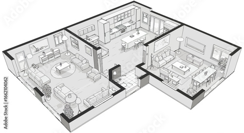 floor plan rendering illustrating an open-concept living space with modern kitchen dining and lounging areas ideal for showcasing interior design layouts and home remodeling ideas