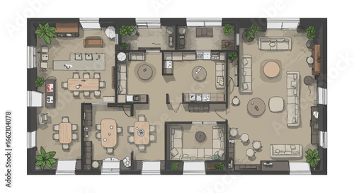 floor plan showing a modern office featuring open workspace layouts and collaborative areas designed for productivity and employee well-being in architectural rendering
