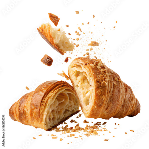 Two croissants breaking apart isolated on transparent background