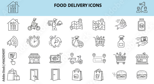 food delivery icons online ordering and safe grocery delivery with fast home delivery and curbside pickup illustrating food service and shopping convenience.