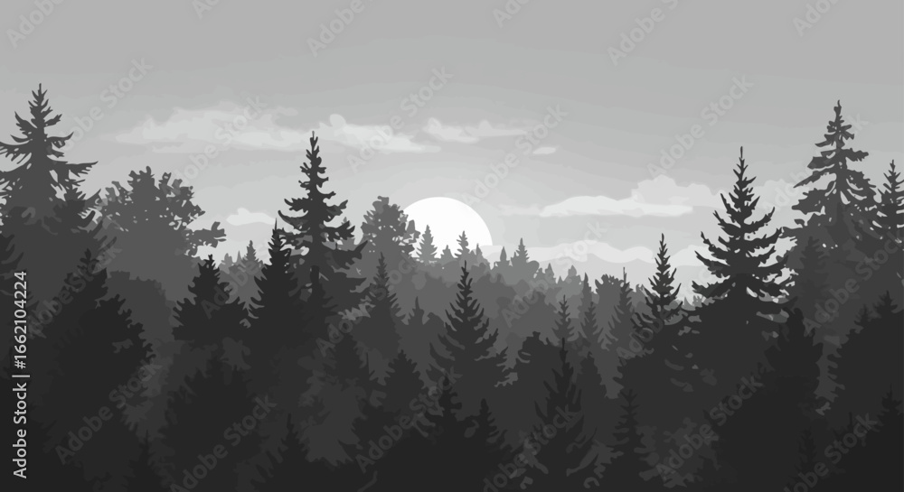 Fototapeta premium forest silhouette at sunset dense trees in a grayscale landscape evoking a sense of mystery and solitude ideal for nature blogs and calming visuals.
