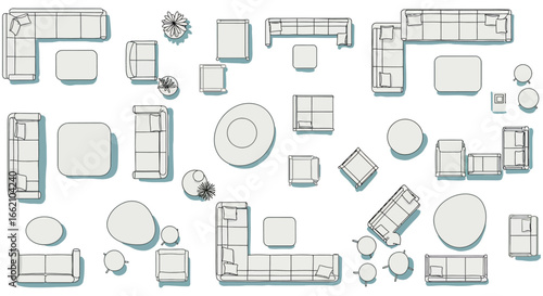 Furniture arrangement plan top-down view of living room furniture layout showcasing sofa sets coffee tables and plant arrangements for interior design projects