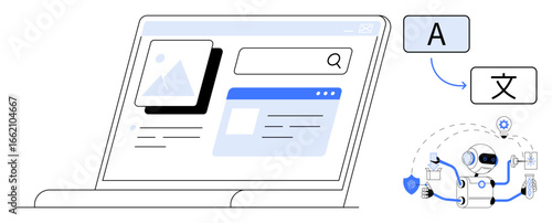 Laptop screen with translation interface, search bar, and AI robot processing multilingual text. Ideal for technology, education, AI, globalization, communication, innovation artificial