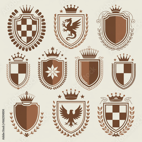 A collection of 10 heraldic shield designs in brown and beige tones arranged in a grid pattern on a light beige background.