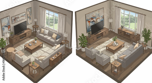 isometric living room designs two living room layouts showcasing furniture placement interior decor for design blogs promoting cozy modern interiors home design visualization apartment ideas